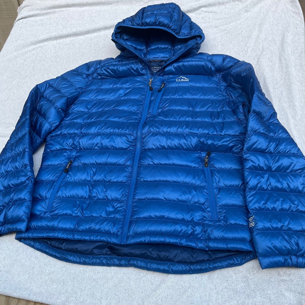 LL Bean Ultralight 850 Down Hooded Jacket Mens XL Tall Blue Puffer 290633